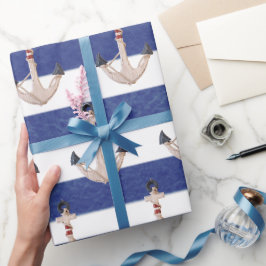 Papel De Regalo Anclaje Náutico Sobre Rayas De Acuarela