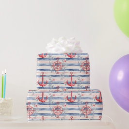 Papel De Regalo Anclas Florales Rayas Azul Rojo Playa Cumpleaños