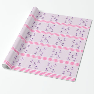 Papel De Regalo Anclas Náuticas Moradas y Rayas Rosadas