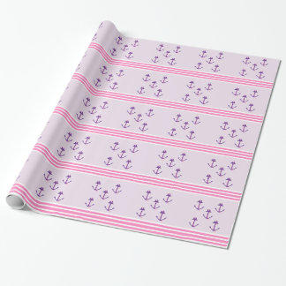 Papel De Regalo Anclas Náuticas Moradas y Rayas Rosadas