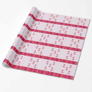Papel De Regalo Anclas y rayas rosadas náuticas