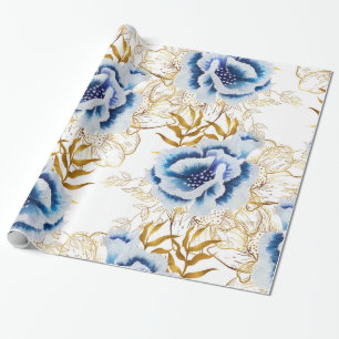Papel De Regalo Anemona azul y dorada acuarela
