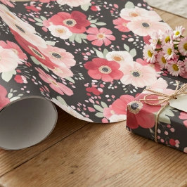 Papel De Regalo Anemone Floral Negro y Rosa Malhumorado