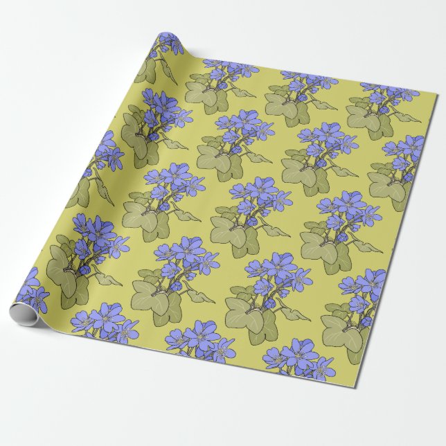 Papel De Regalo Anemones azules sobre el verde amarillo (Desenrollado)