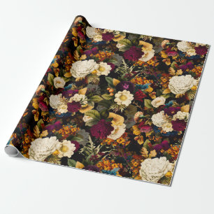 Papel De Regalo Anemono nostálgico antiguo y Rosas negro patrón ne