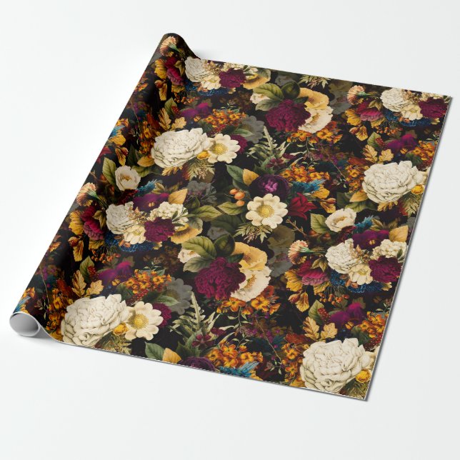 Papel De Regalo Anemono nostálgico antiguo y Rosas negro patrón ne (Desenrollado)