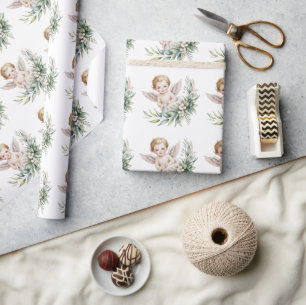 Papel De Regalo Ángel bebé acuarela alas de pluma Bautizo 