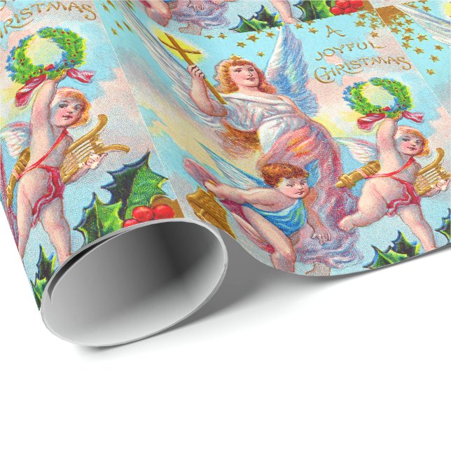 Papel De Regalo Angel Cherub Christian Cross Bell Wreath Holly (Esquina del rollo)