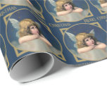 Papel De Regalo Angel Cherub Merry Christmas Blue Gold<br><div class="desc">Un bonito cherub vintage sentado en las nubes adorna este papel de envolver dorado y azul bonito.  El texto en papel dice Feliz Navidad con un tipo de letra vintage.  Hay disponibles etiquetas de regalo coincidentes.</div>