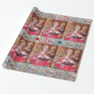 PAPEL DE REGALO ÁNGEL CON ROSAS, GEMSTONES AZULES ROJOS, PERLAS BL