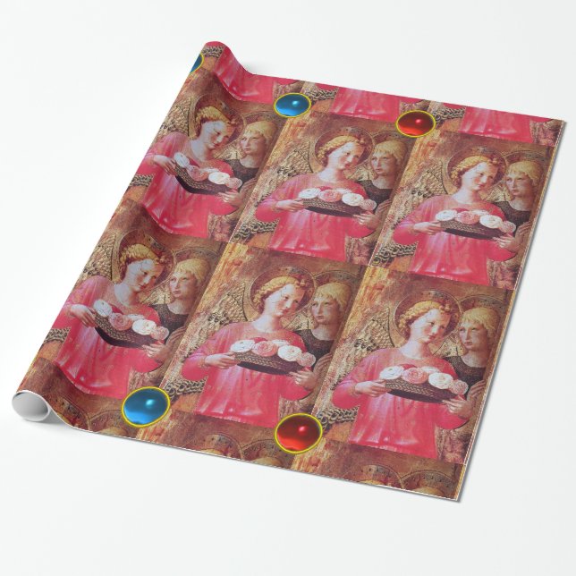 PAPEL DE REGALO ÁNGEL CON ROSAS Y GEMSTONES AZULES ROJOS (Desenrollado)