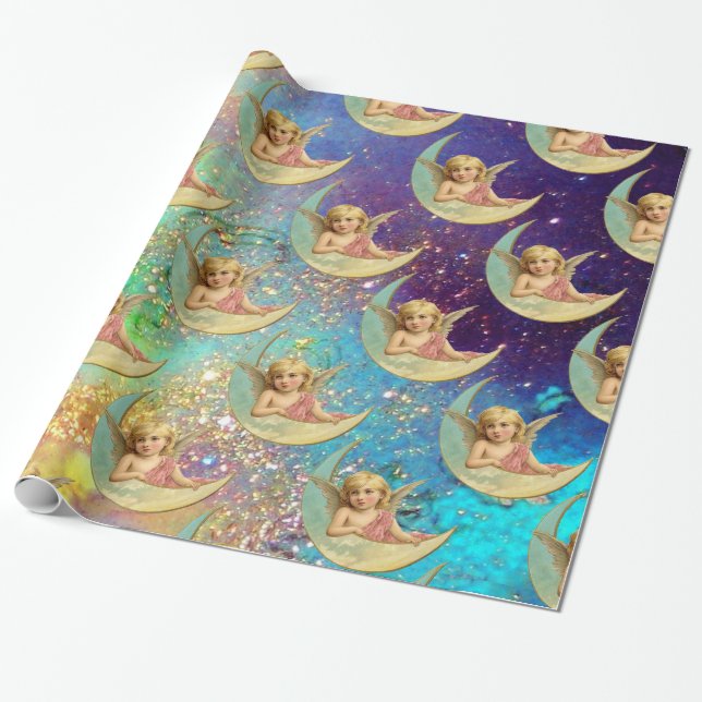 PAPEL DE REGALO ÁNGEL DE LA LUNA EN ROSA, ROJO AZUL AMARILLO (Desenrollado)