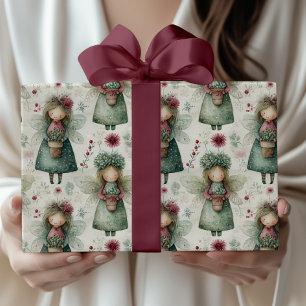 Papel De Regalo Ángel de Navidad caprichoso y floral vintage