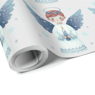 Papel De Regalo Ángel de Navidad nórdico elegante sosteniendo una