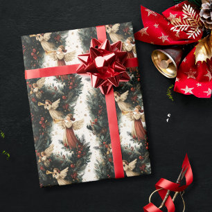 Papel De Regalo Ángel de Navidad religioso vintage con trompeta
