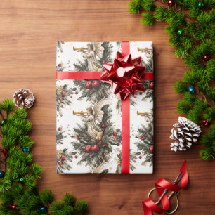 Papel De Regalo Ángel de Navidad religioso vintage con trompeta