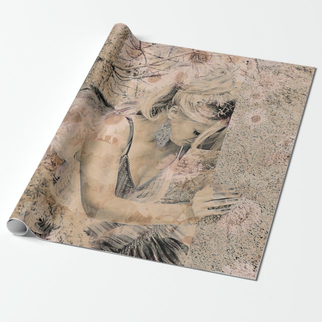 Papel De Regalo Angel Elegant Boho Floral Sepia Antique (Desenrollado)