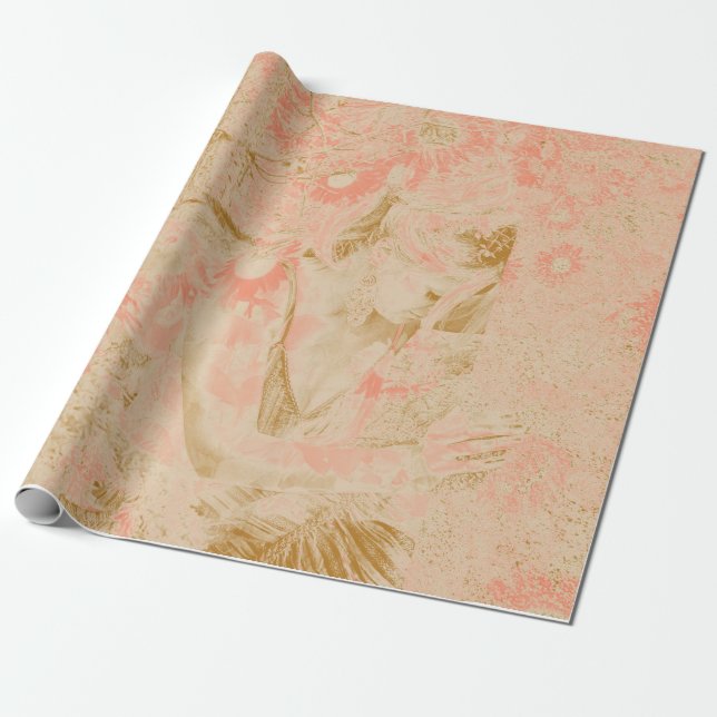 Papel De Regalo Angel Elegant Heavenly Sepia Pink Floral Antiguo (Desenrollado)