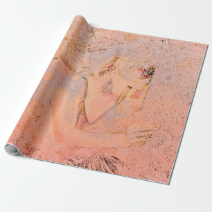 Papel De Regalo Ángel Elegante Rosa Dorado Peach Floral Antiguo