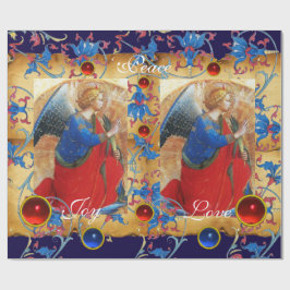 PAPEL DE REGALO ANGEL EN ROJO, ORO, PARQUE FLORAL AZUL CON GEMAS