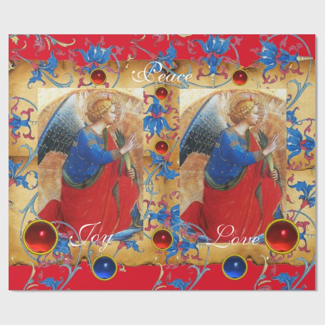PAPEL DE REGALO ANGEL EN ROJO, ORO, PARQUE FLORAL AZUL CON GEMAS (Superficie plana)