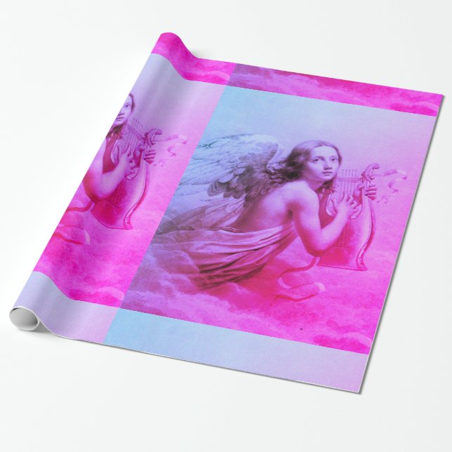 Papel De Regalo ANGEL JUGANDO LYRA SOBRE LAS NUBES Azul rosado (Desenrollado)