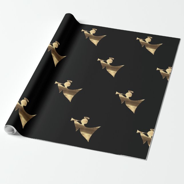 Papel De Regalo Ángel jugando Trumpet Black Gold Navidades (Desenrollado)