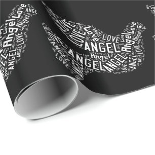 Papel De Regalo Angel Love Dove, blanco sobre negro
