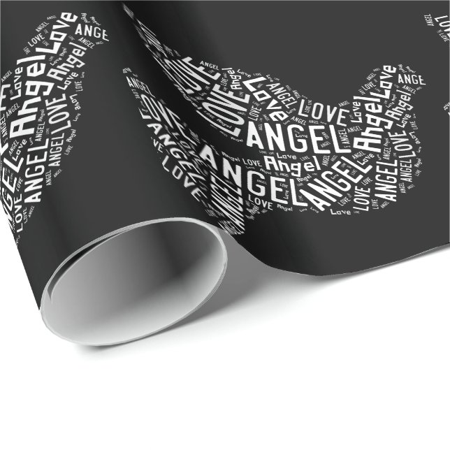 Papel De Regalo Angel Love Dove, blanco sobre negro (Esquina del rollo)