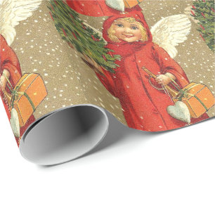 Papel De Regalo Ángel Querubín Árbol de Navidad Nieve