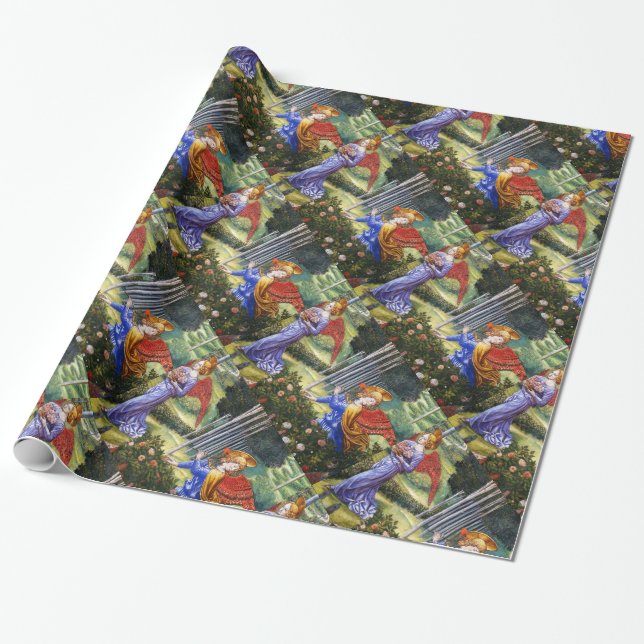 Papel De Regalo Ángel reuniendo flores en un paisaje celestial (Desenrollado)
