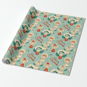 Papel De Regalo Ángeles de Navidad retro vintage
