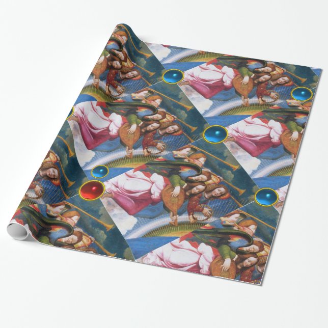 PAPEL DE REGALO ÁNGELES DE NAVIDADES MUSICALES CON GEMSTONES AZULE (Desenrollado)