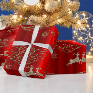 Papel De Regalo Ángeles de oro festivos y navidades rojas de cierv