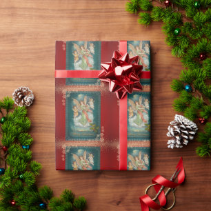 Papel De Regalo Ángeles Vintage Copos de Nieve Rojo