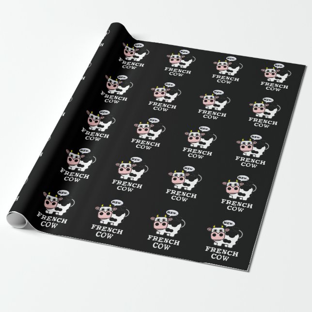 Papel De Regalo Animal divertido de vaca francés Pun Dark BG (Desenrollado)