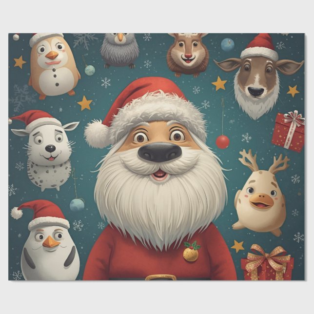 Papel De Regalo Animal Navidad Santa  (Superficie plana)