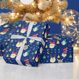 Papel De Regalo Animales Adorables Árboles de Navidad Azul Navidad