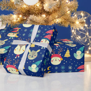 Papel De Regalo Animales Adorables Árboles de Navidad Azul Navidad