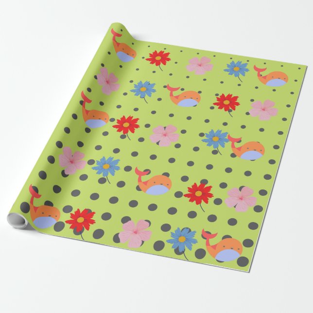 Papel De Regalo Animales adorables y flores fiesta verde (Desenrollado)