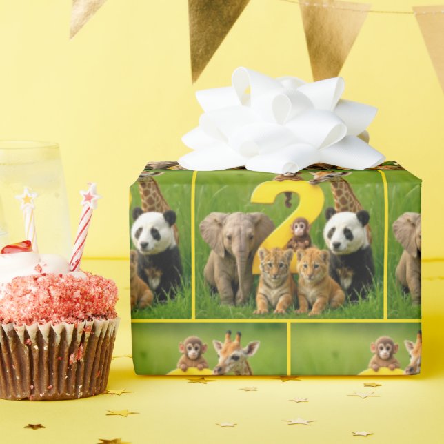 Papel De Regalo Animales Africanos Bebés Con un Gran Número Dos (Fiesta de cumpleaños )
