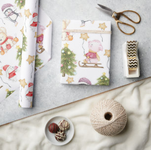 Papel De Regalo Animales Bebés Divertidos Estrellas Árboles Navida