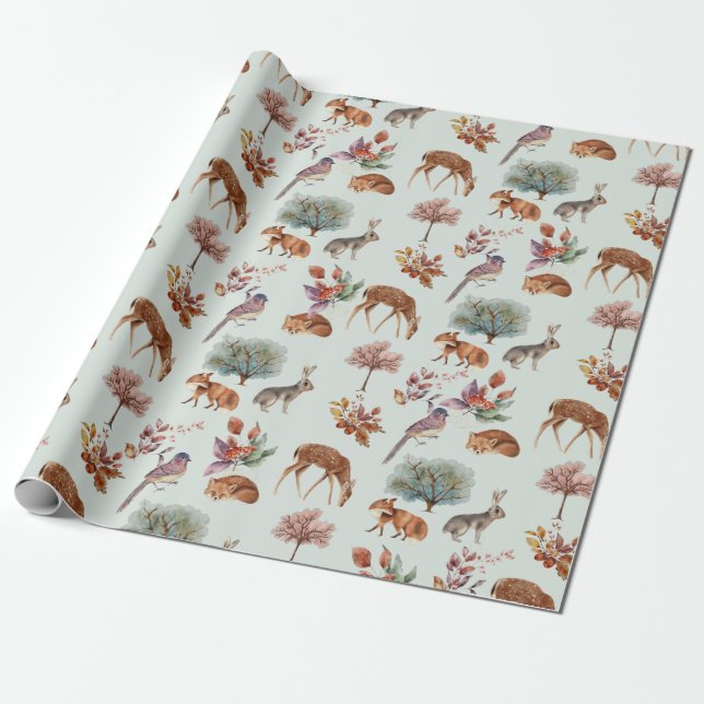 Papel De Regalo Animales de bosque y aves fondo verde gris (Desenrollado)