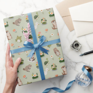 Papel De Regalo Animales de estanque y hojas de nenúfar en verde g