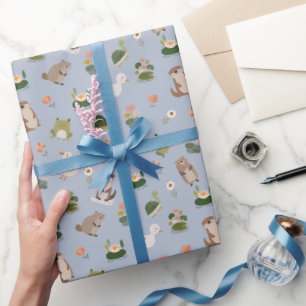Papel De Regalo Animales de estanque y hojas de nenúfar sobre azul