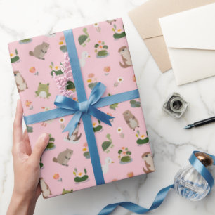 Papel De Regalo Animales de estanque y hojas de nenúfar sobre rosa