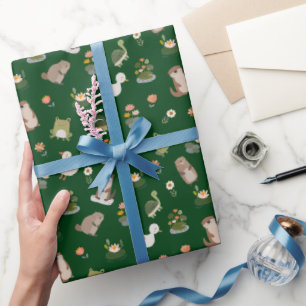 Papel De Regalo Animales de estanque y hojas de nenúfar sobre verd