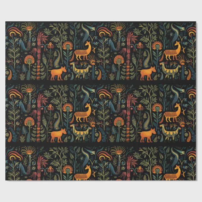 Papel De Regalo Animales de fantasía misteriosos con baldosas negr (Superficie plana)