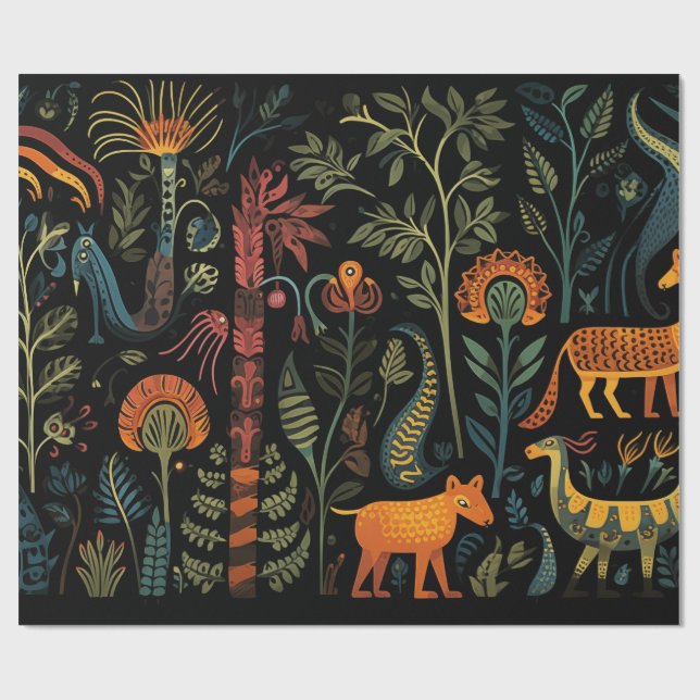 Papel De Regalo Animales de fantasía misteriosos sobre negro (Superficie plana)