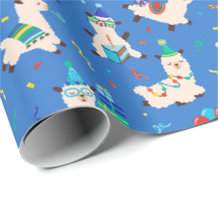 Papel De Regalo Animales de Fiesta Cumpleaños de Llama Azul